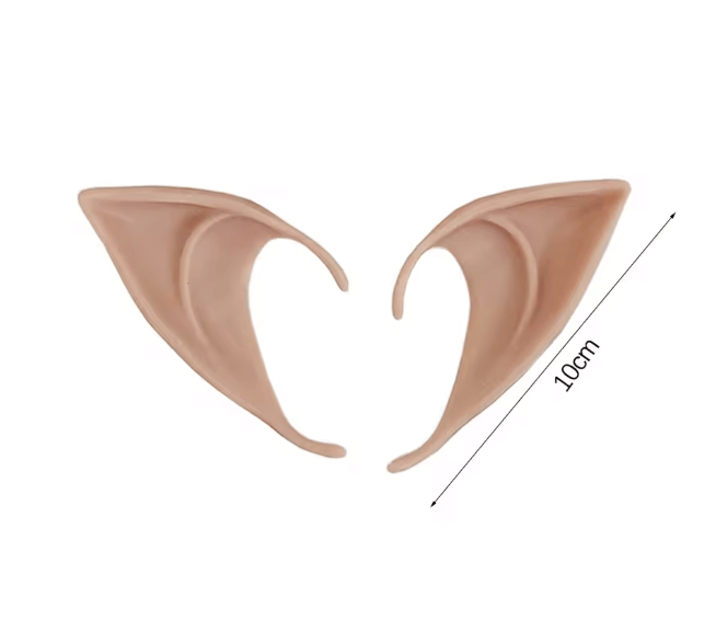 Pair of beige elf ears with a measurement line on a white background