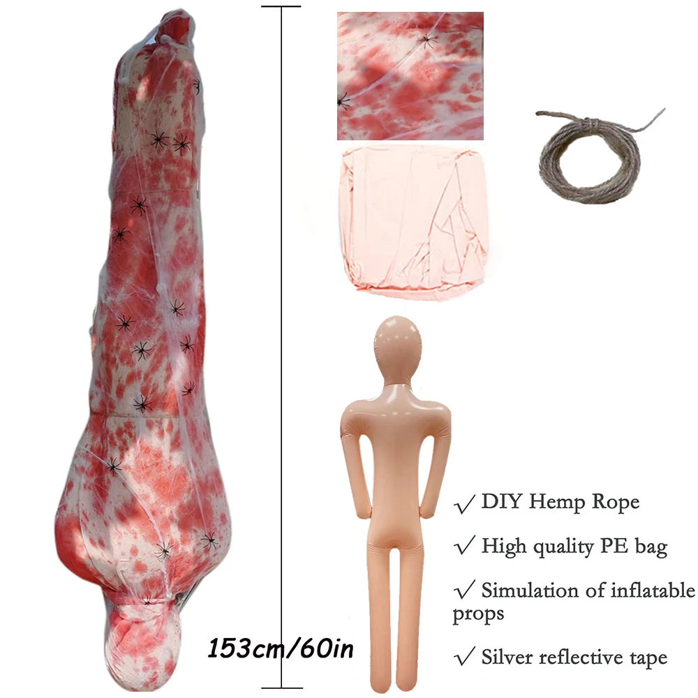 Red and white inflatable model with a mannequin, DIY hemp rope, and reflective tape on a white background.