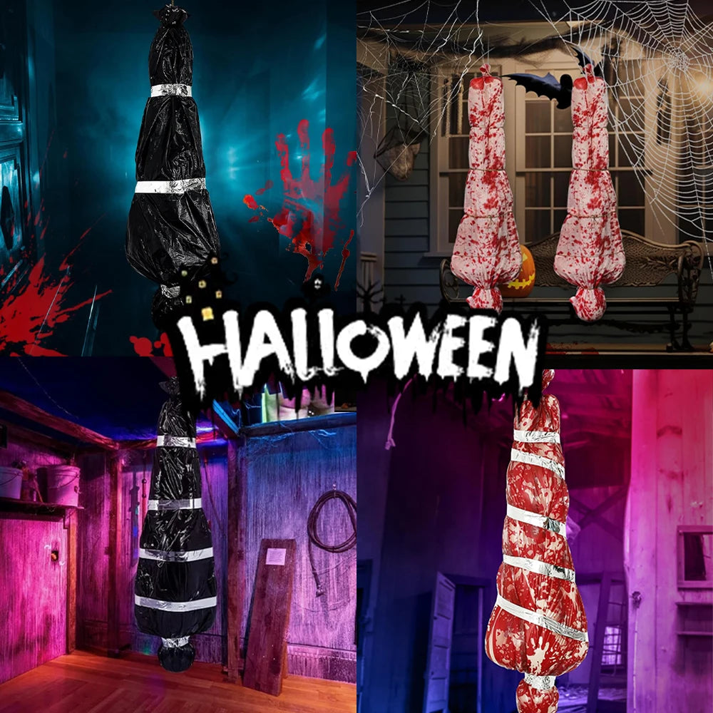 Halloween-themed decorations with hanging bags and text overlay on a spooky house background.