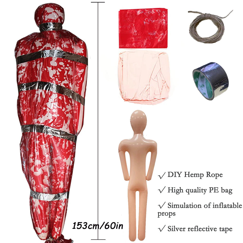 Set of inflatable prop accessories including a red inflatable figure, PE bag, rope, and reflective tape with measurements and product details.
