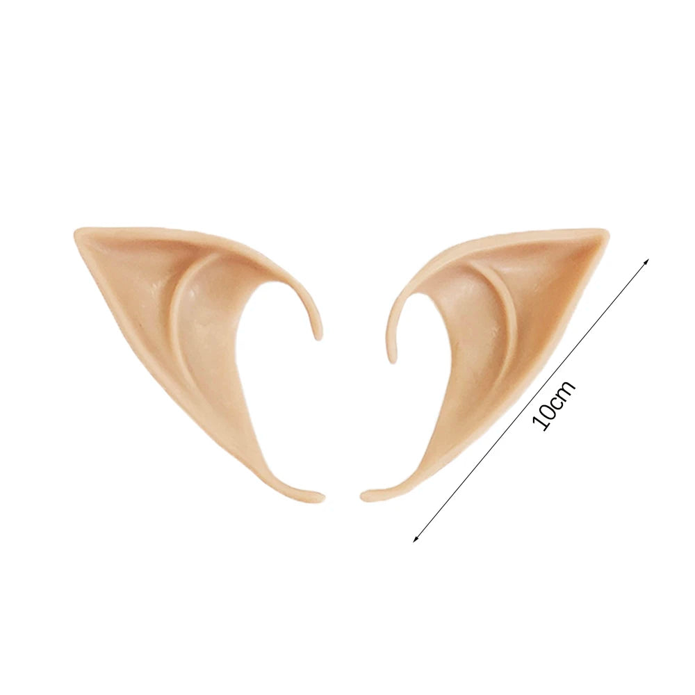 Beige elf ears with a measurement label on a white background