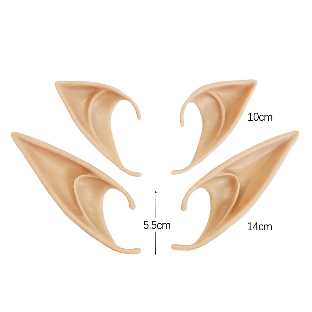 Set of beige elf ears with measurements on a white background