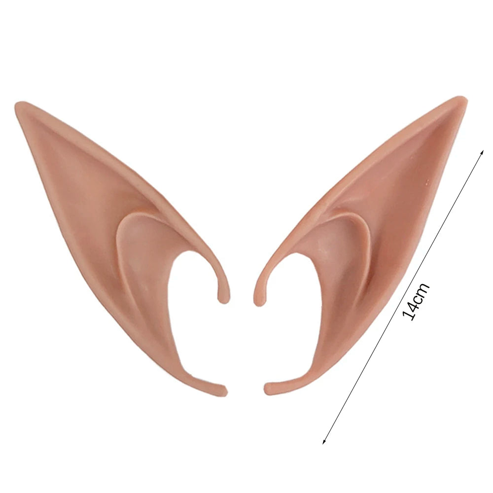 Pair of beige elf ears with a measurement label on a white background