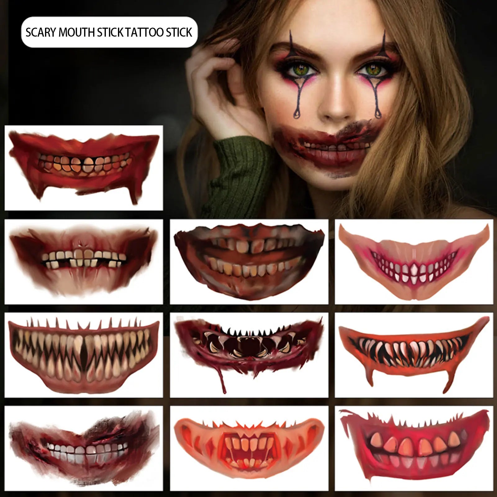 Collage of scary mouth designs with a model wearing makeup inspired by them.