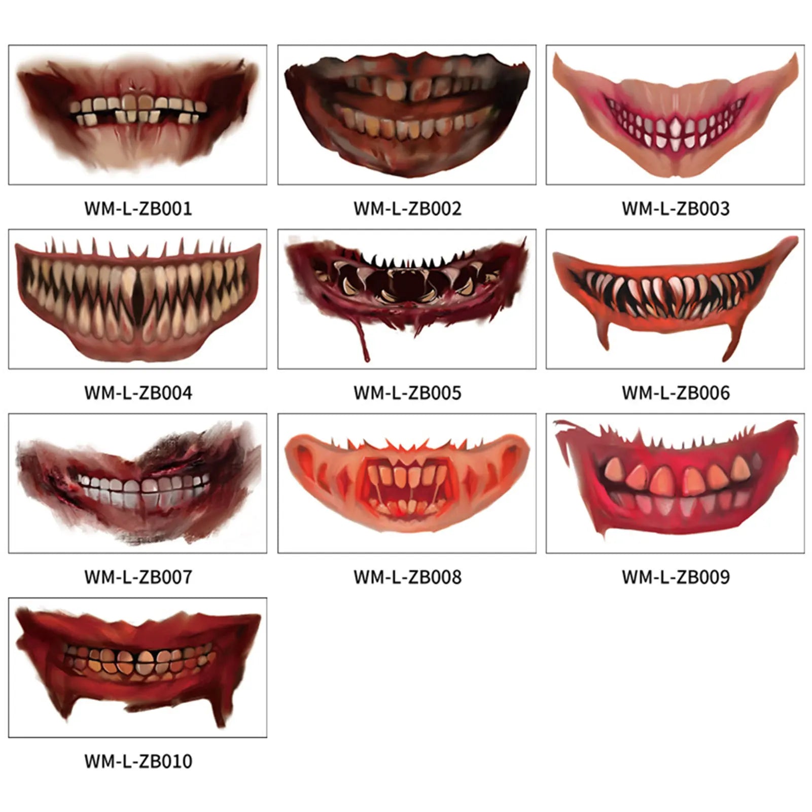 Collection of different designs of mouth masks with various tooth arrangements on a white background.