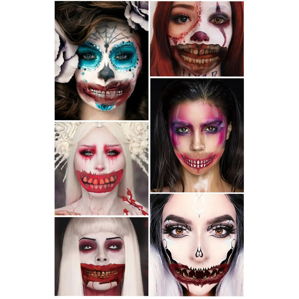 Collage of Halloween-themed makeup designs on a white background