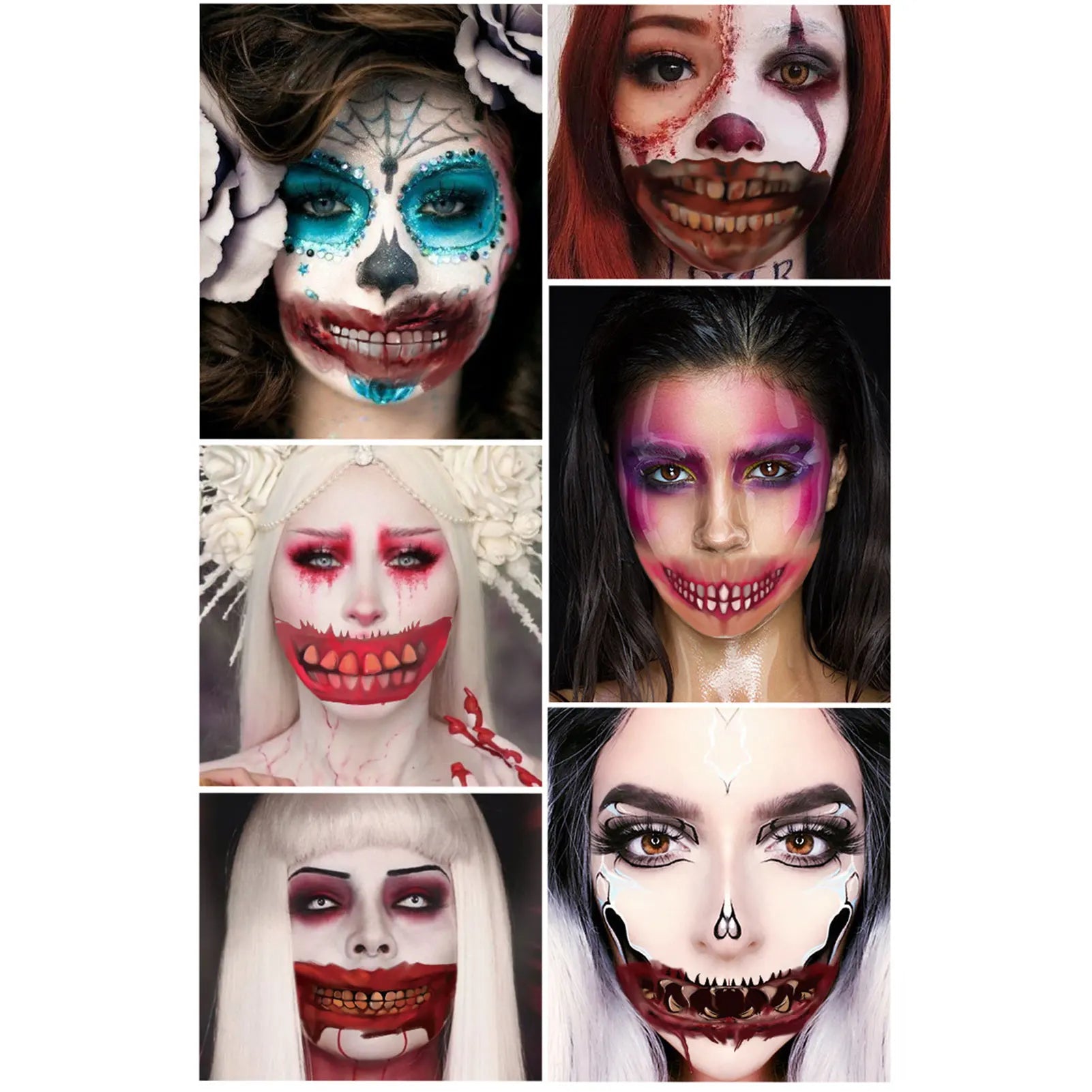 Collage of Halloween-themed makeup designs on a white background