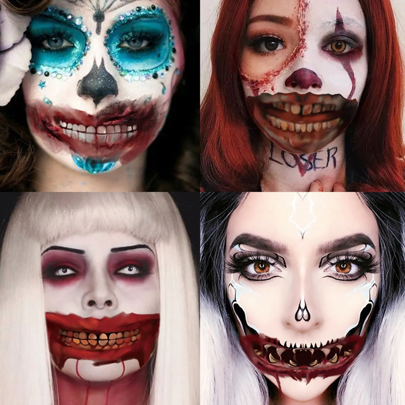 Four different Halloween-themed face makeup designs.