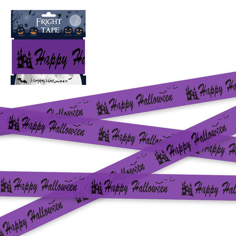 Purple Halloween-themed tape with 'Happy Halloween' text and castle designs, displayed with packaging.