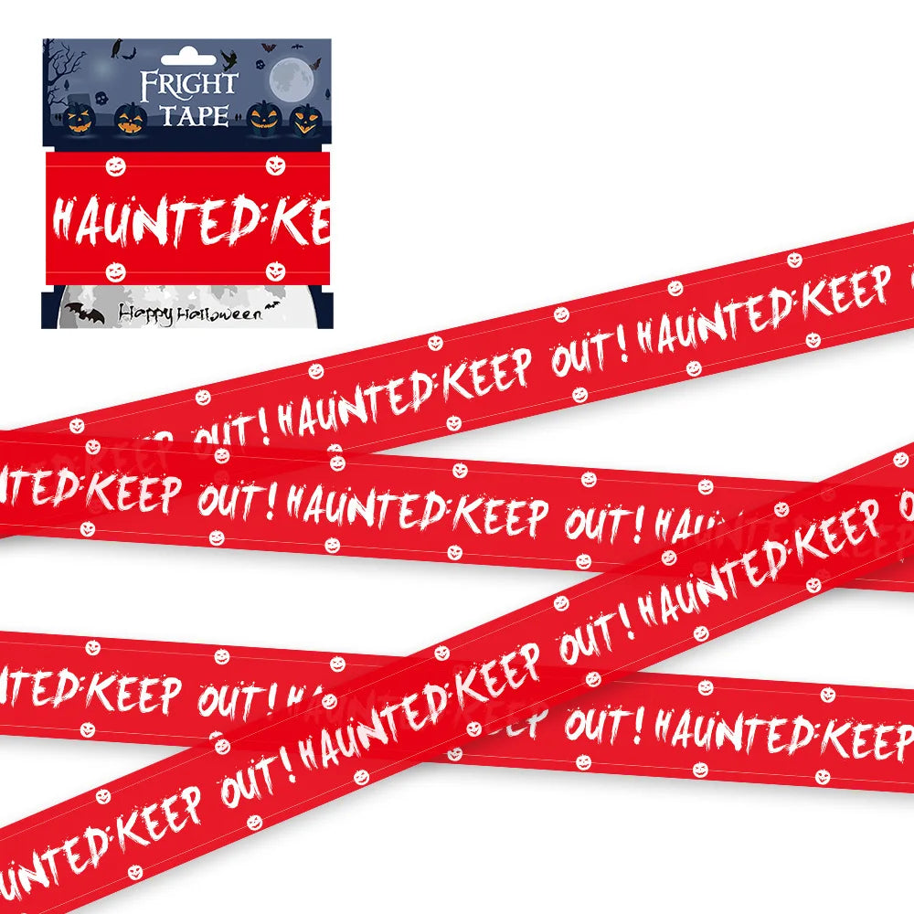 Red 'Haunted Keep Out!' tape with packaging on a white background