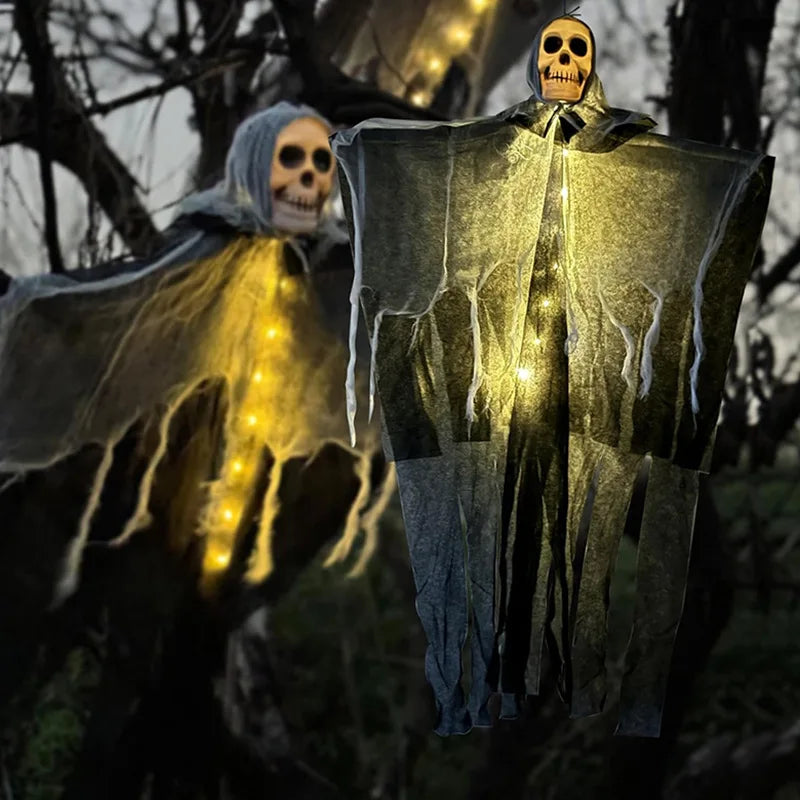Two ghostly figures with illuminated lights against a dark background