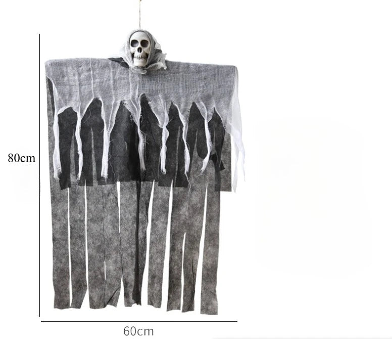 Hanging ghost decoration with measurements on a white background