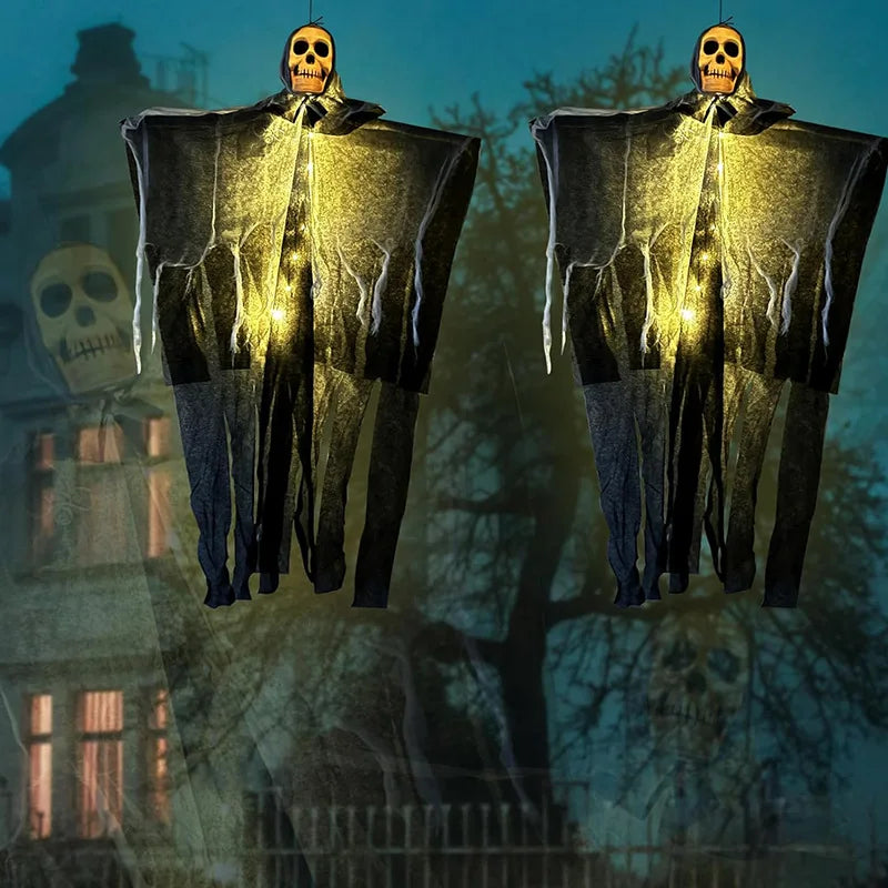 Two illuminated ghost costumes with glowing yellow lights against a dark, eerie background.