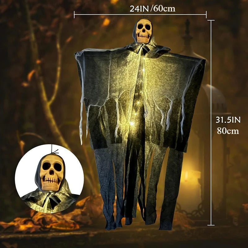 Halloween costume with ghostly figure and measurements, set against a dark background.