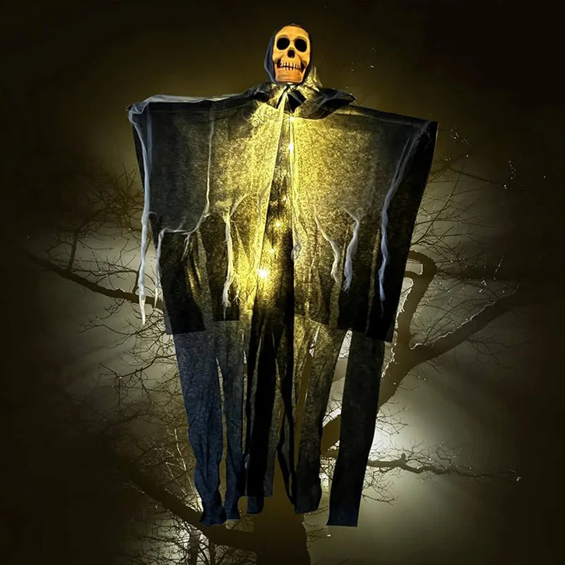Halloween decoration of a ghostly figure with glowing eyes in a dark setting