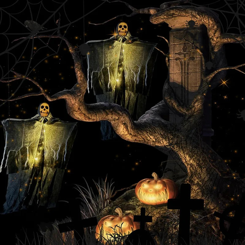 Halloween-themed scene with skeletons, pumpkins, and a dark background