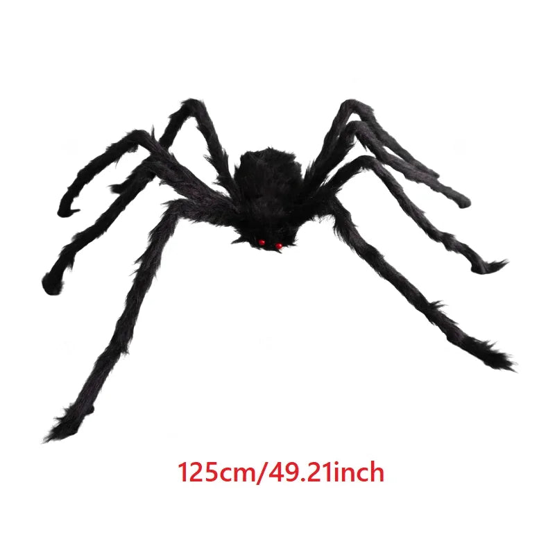 Large black spider decoration with red eyes on a white background, measuring 125cm/49.21inch.