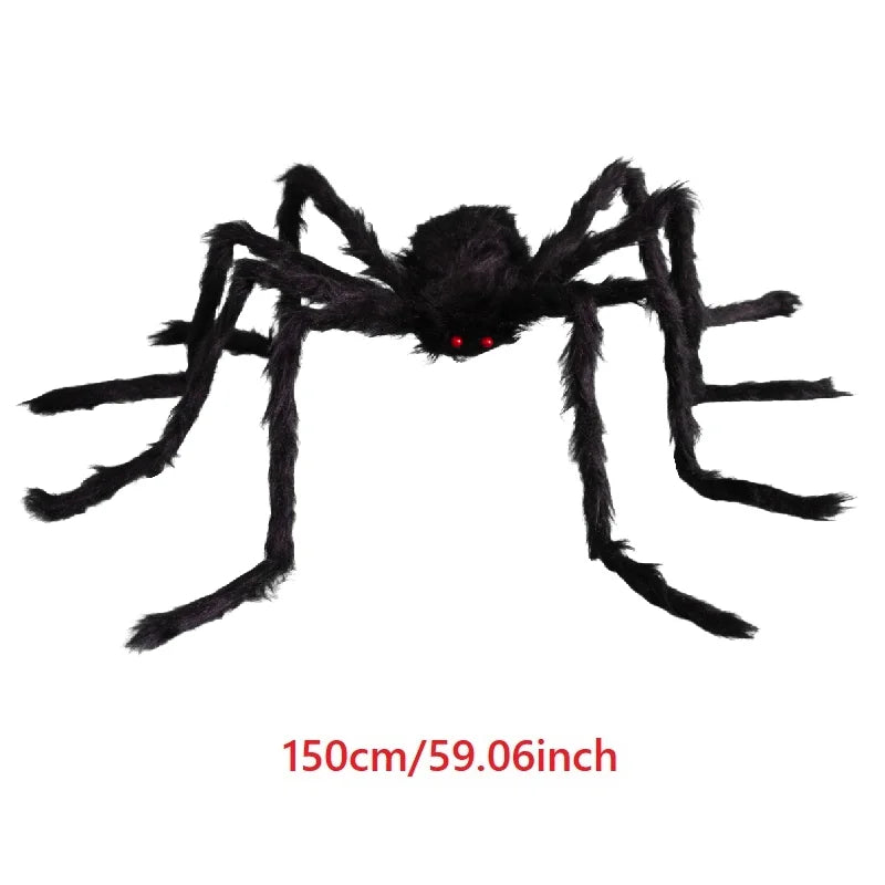 Large black spider decoration with red eyes on a white background, labeled 150cm/59.06inch.