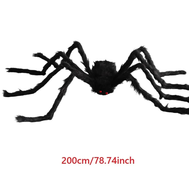 Large black spider decoration with red eyes on a white background, labeled as 200cm/78.74inch.