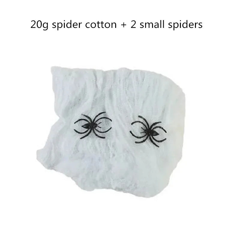 White fabric with spider designs and text indicating spider cotton and spiders on a white background
