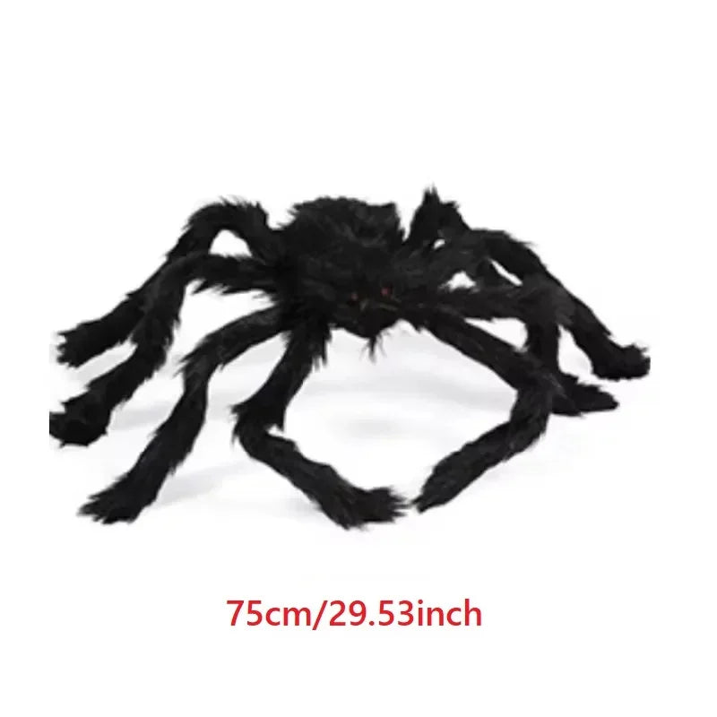 Large black spider toy on a white background with size indication.