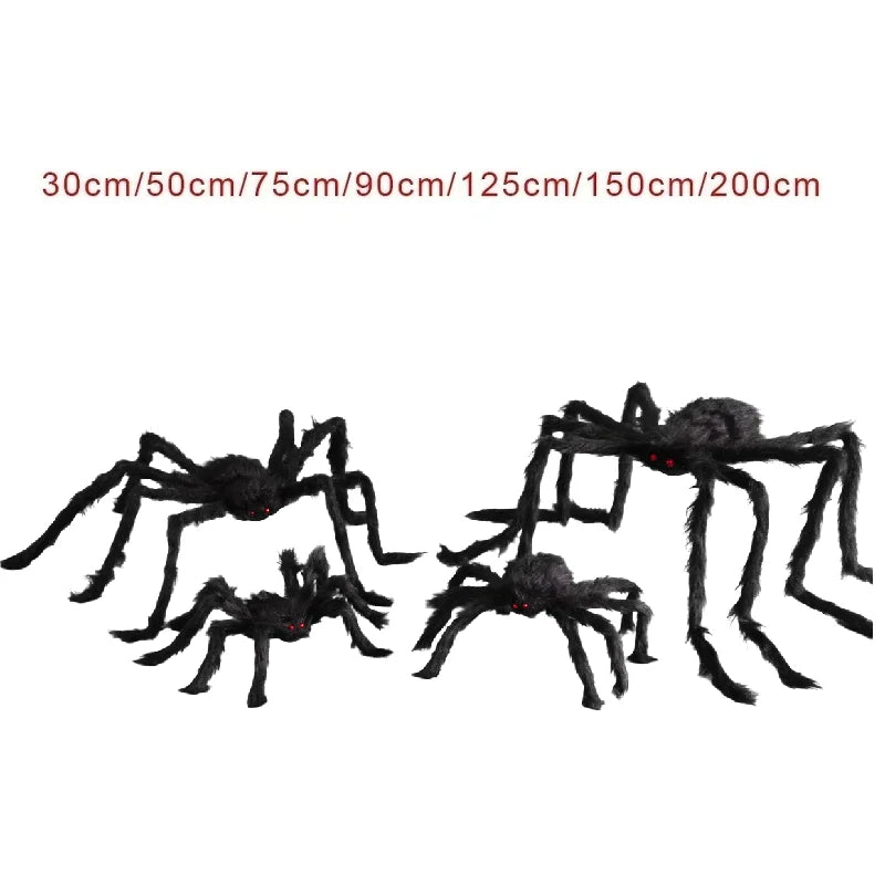 Set of black spiders with varying sizes on a white background