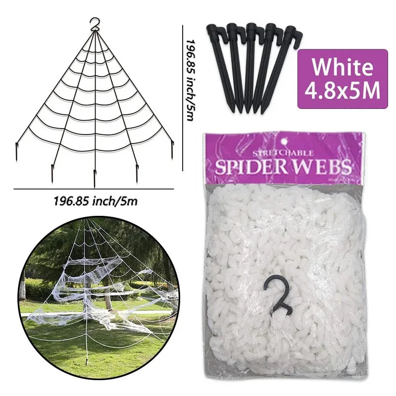 Packaging of stretchable spider webs with a spider web structure, stakes, and hook on a white background.