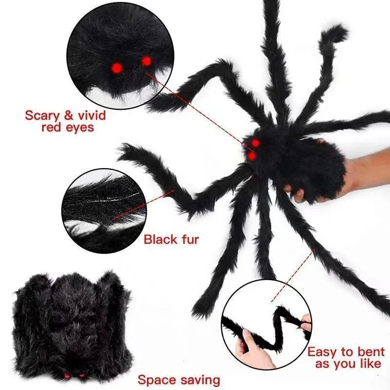 Black spider toy with red eyes, black fur, and space-saving design on a white background.
