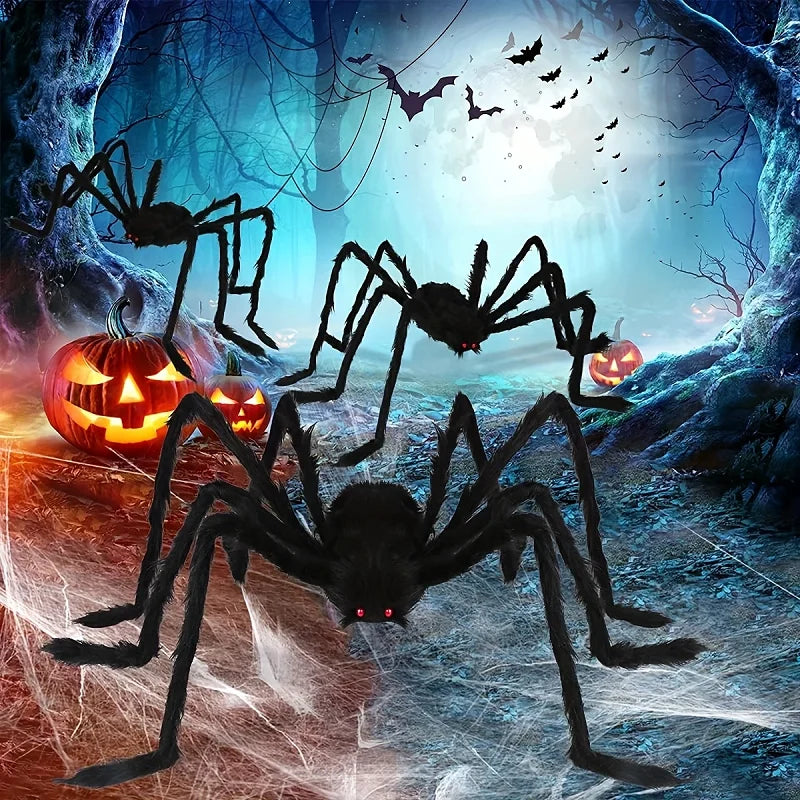Halloween-themed scene with spiders, pumpkins, and bats in a spooky forest.