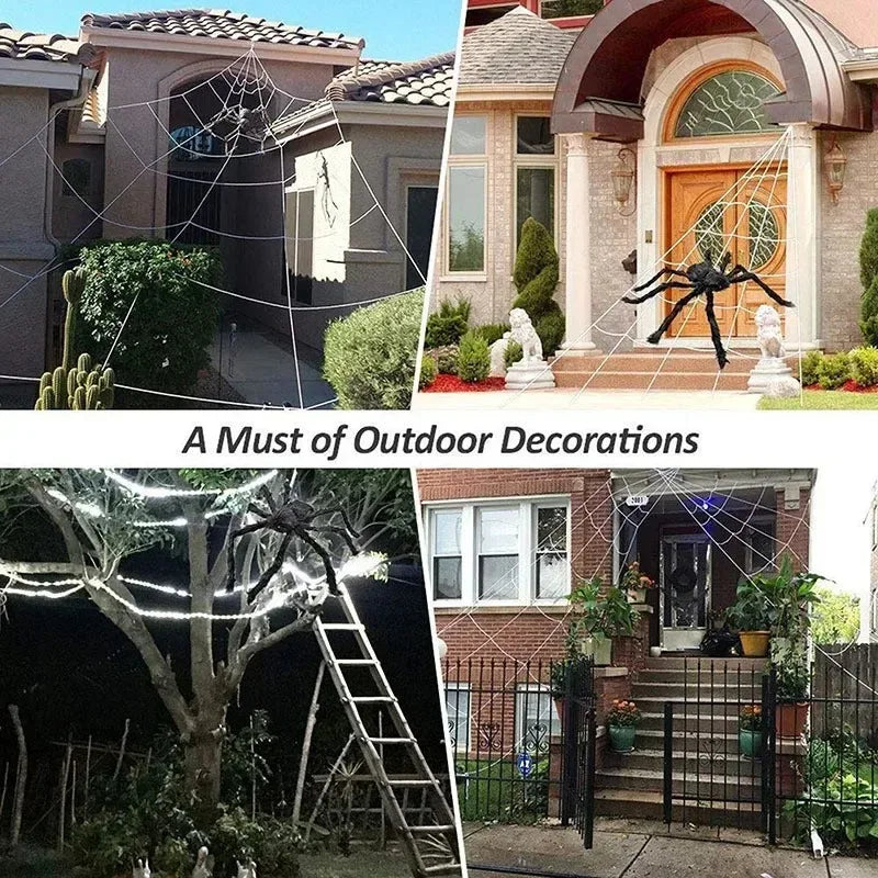 Collage of outdoor Halloween decorations including spider webs and large spiders.