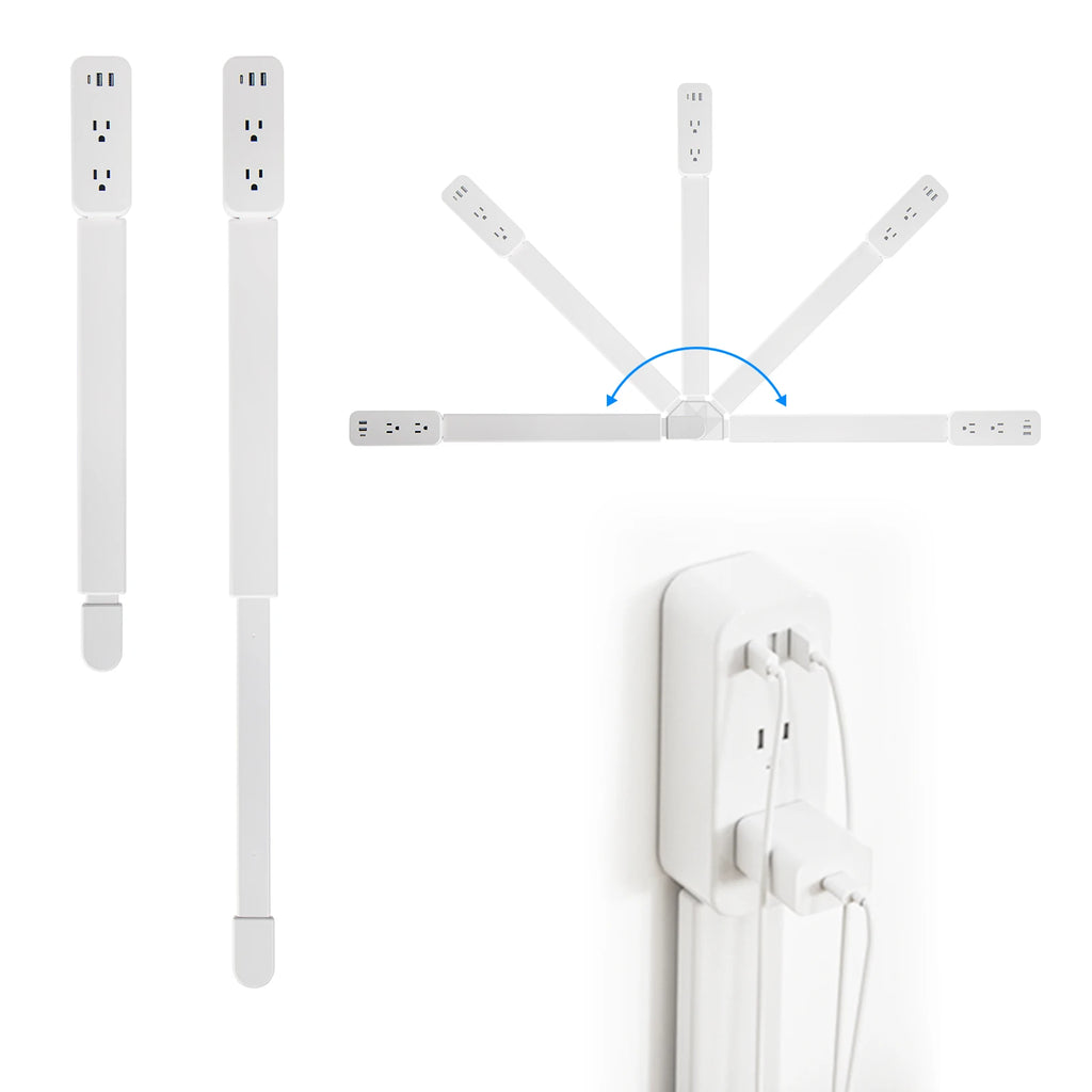 White wall-mounted power strip with multiple outlets on a white background