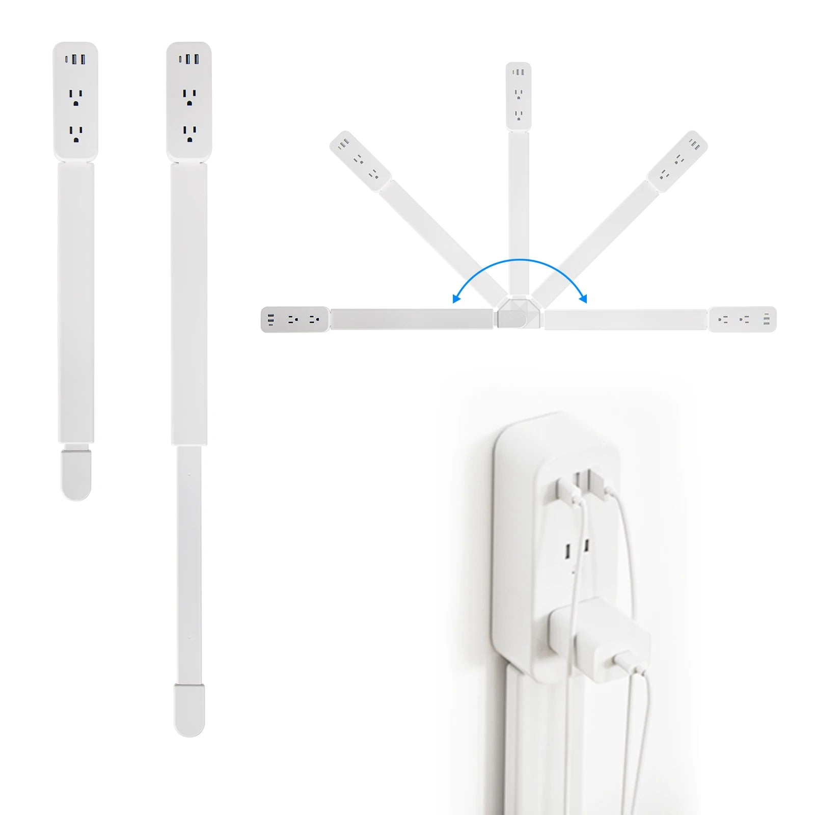White wall-mounted power strip with multiple outlets on a white background