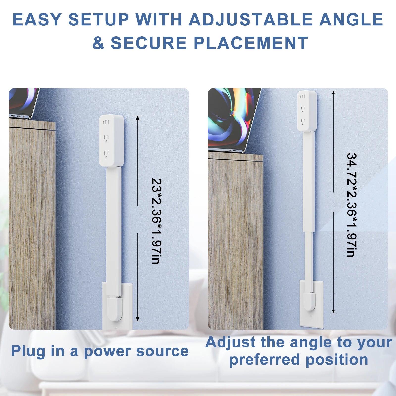 Product with adjustable angle feature for secure placement, shown on a light blue background.