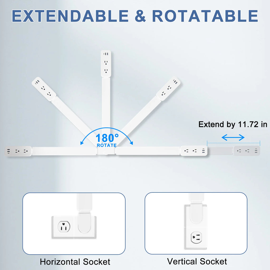 Extendable and rotatable electrical outlet with labeled features on a light blue background