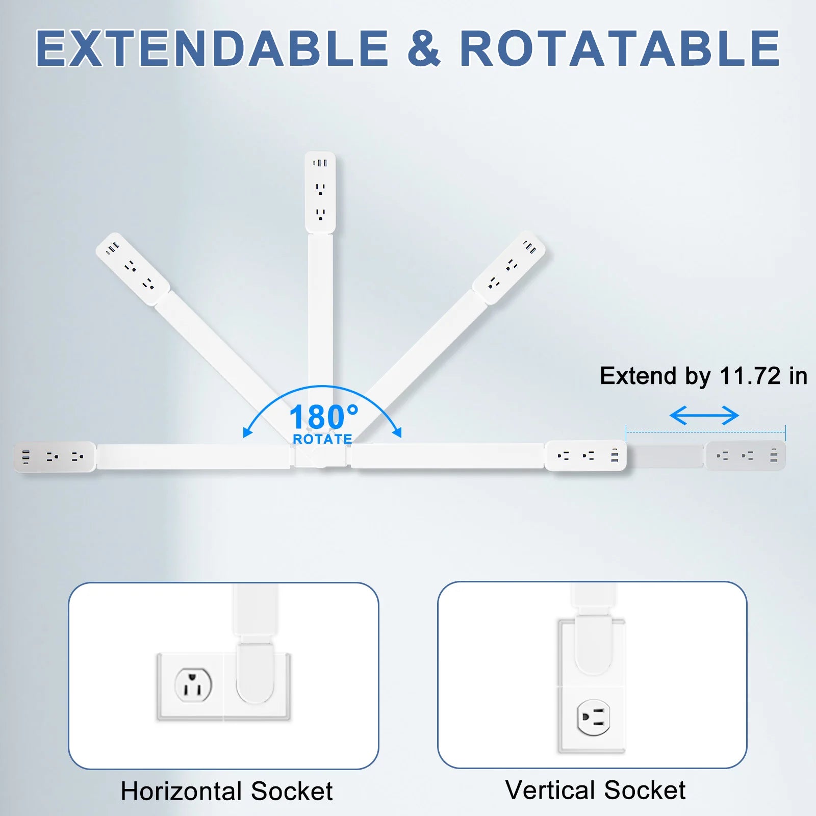 Extendable and rotatable electrical outlet with labeled features on a light blue background
