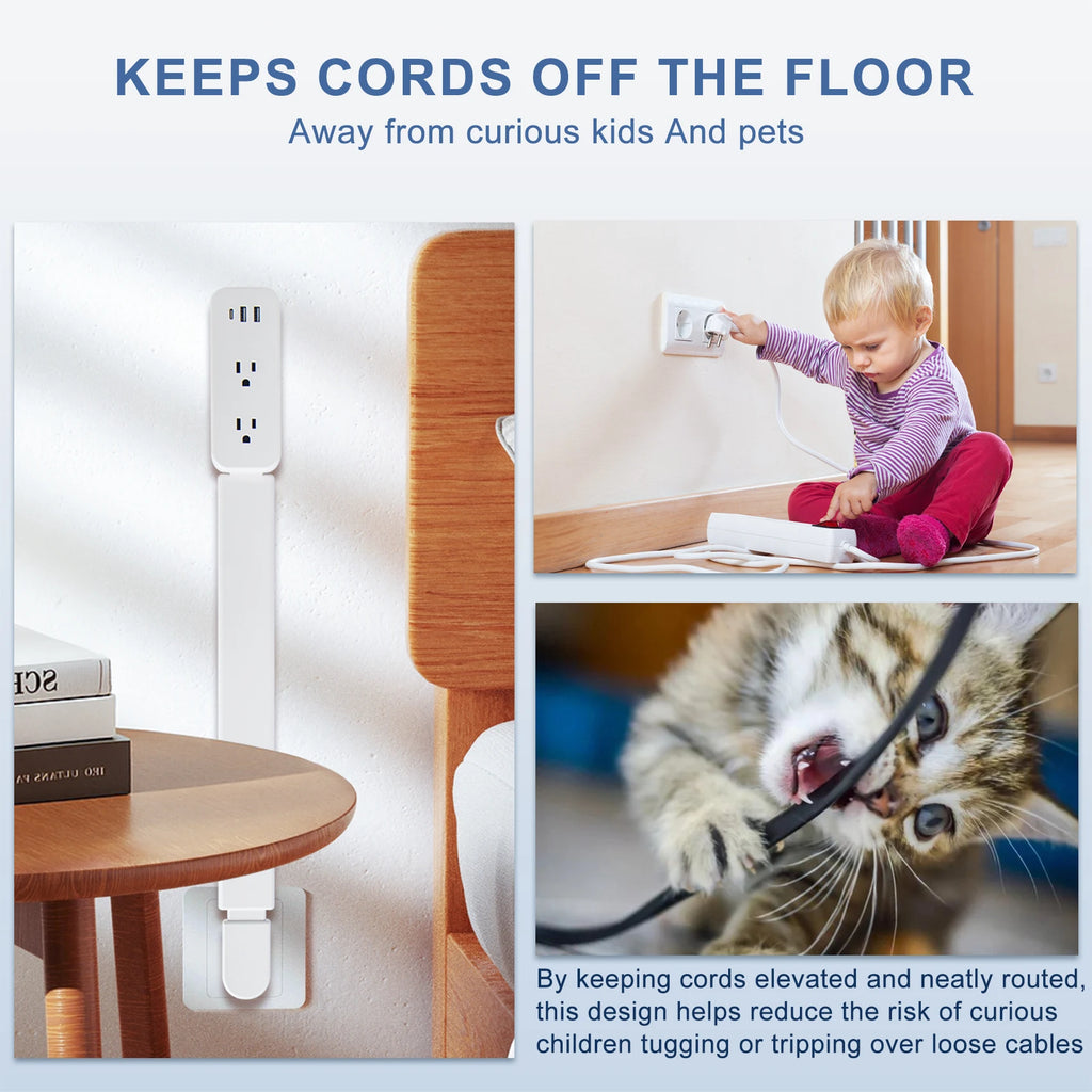 Product advertisement showing a wall-mounted cable management system with text indicating it keeps cords off the floor.