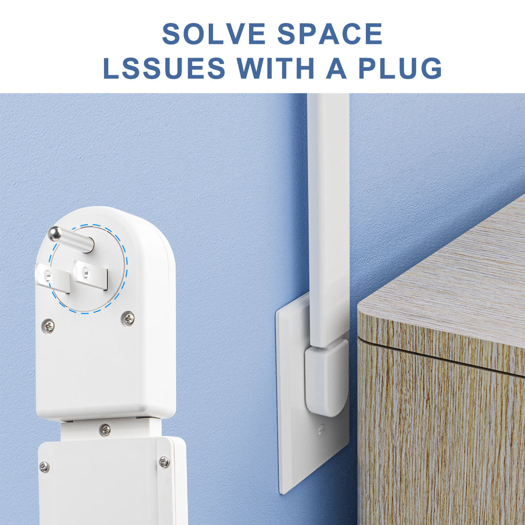 White wall plug with a blue background and text 'Solve space issues with a plug'.