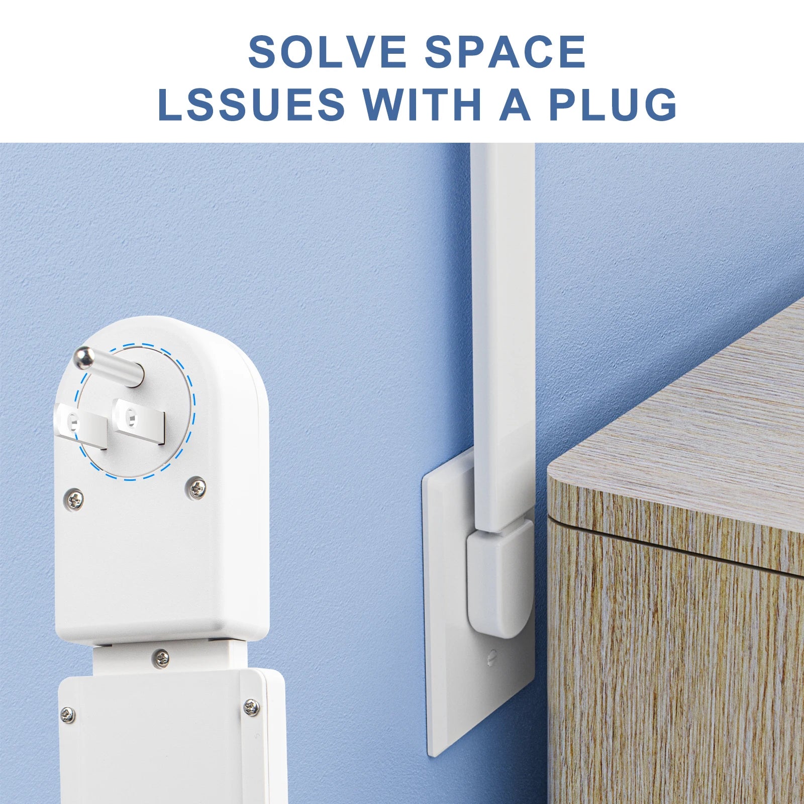 White wall plug with a blue background and text 'Solve space issues with a plug'.