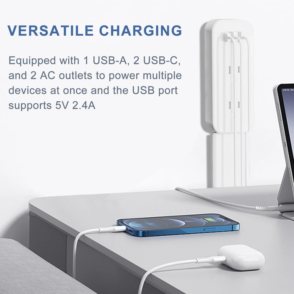 Charging station with multiple ports on a desk, including USB-A, USB-C, and AC outlets.