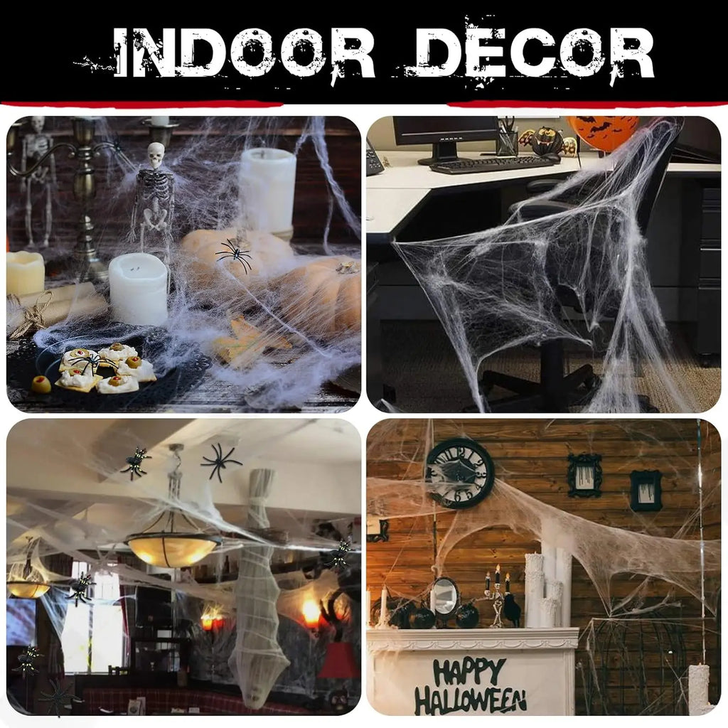 Collage of Halloween indoor decor with spider webs, skeletons, and 'Happy Halloween' sign.