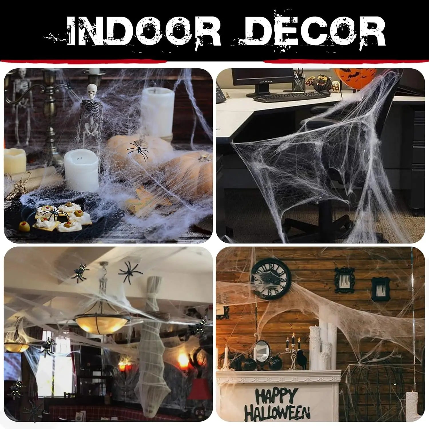 Collage of Halloween indoor decor with spider webs, skeletons, and 'Happy Halloween' sign.
