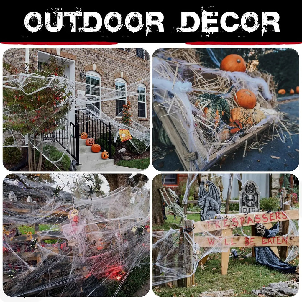 Collage of outdoor Halloween decorations including cobwebs, pumpkins, and a sign.