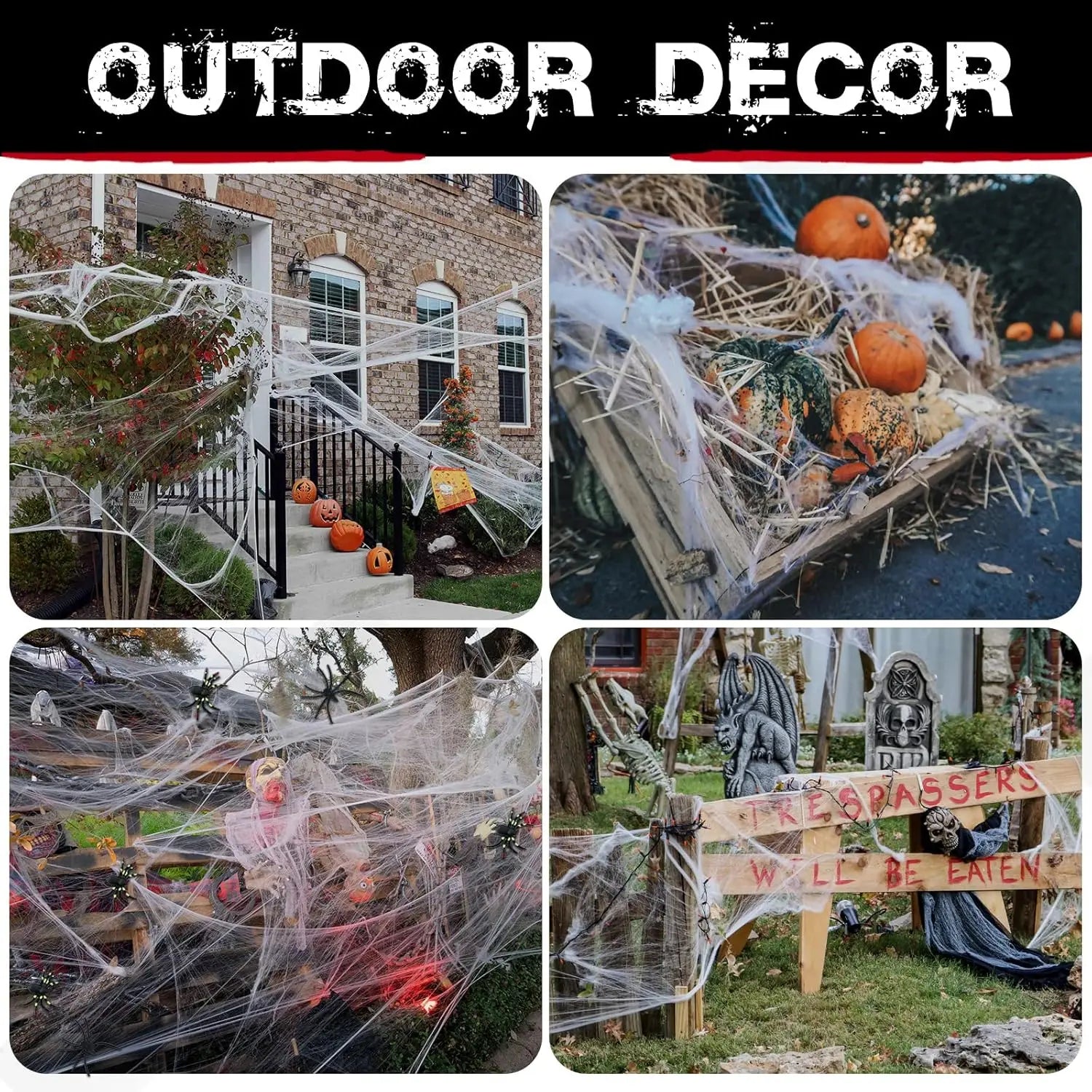 Collage of outdoor Halloween decorations including cobwebs, pumpkins, and a sign.