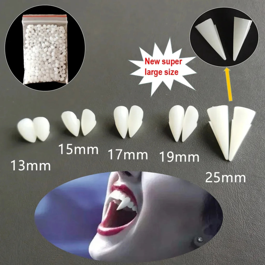 Display of white teeth with measurements and a bag of small white objects on a dark background.
