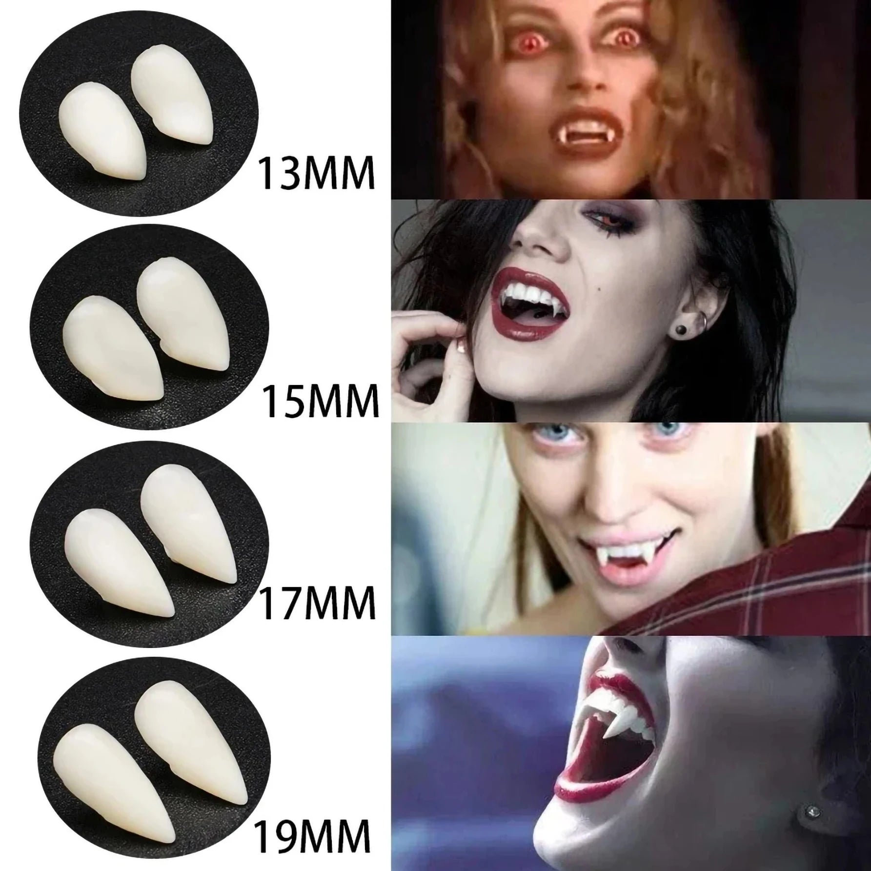 Collage of vampire dentures with size measurements and images of people wearing them.