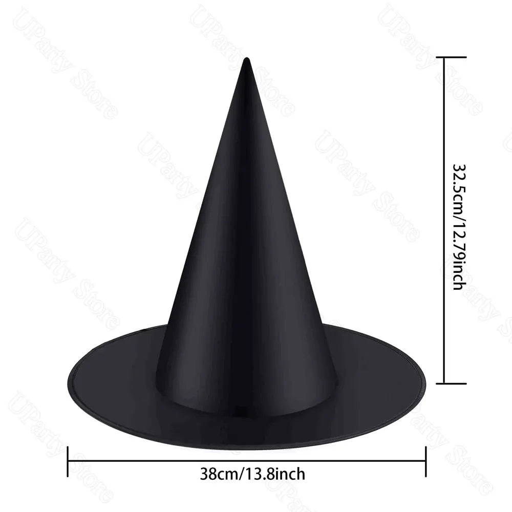 Black witch hat with measurements on a white background
