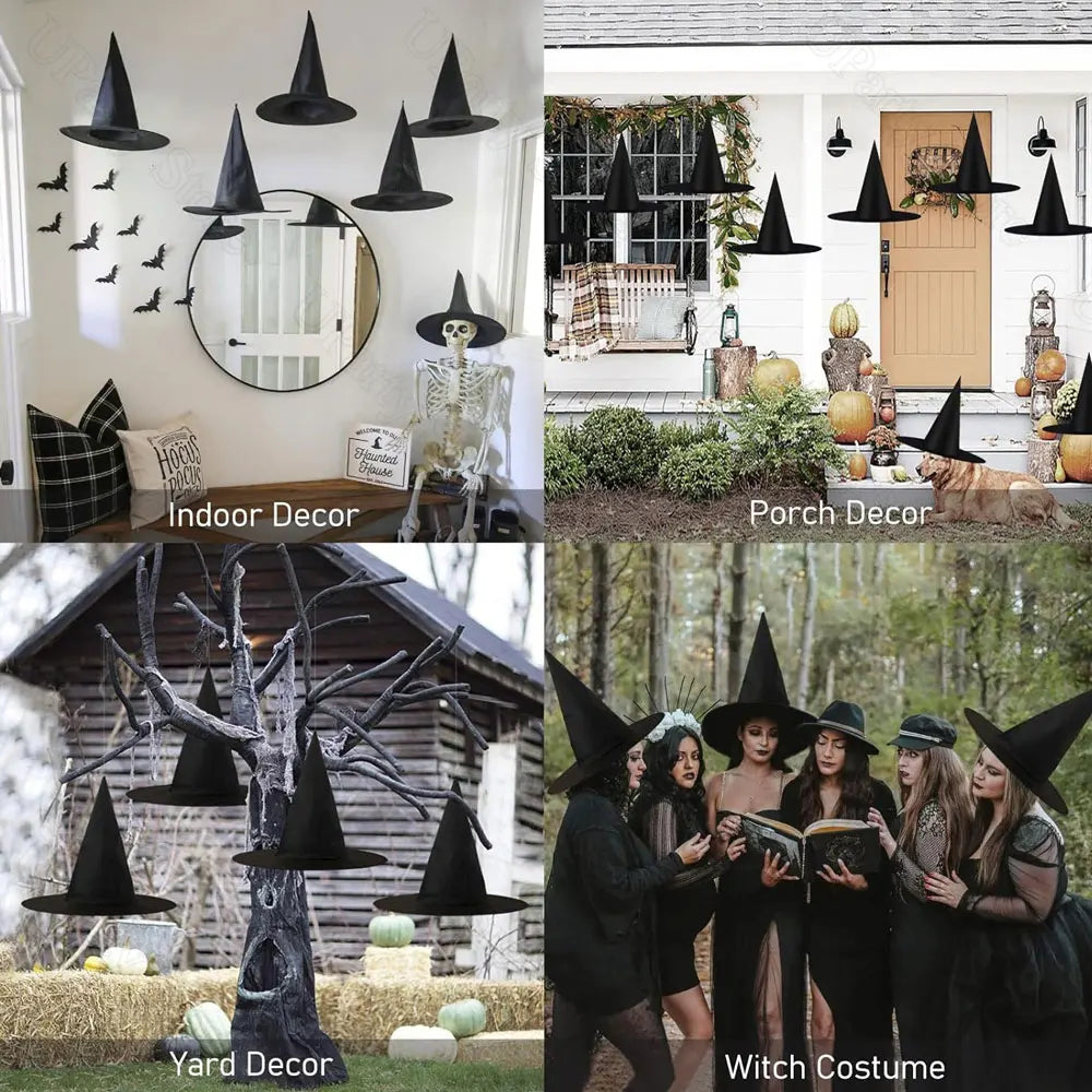 Collage of Halloween decor including indoor, porch, yard, and witch costume elements.