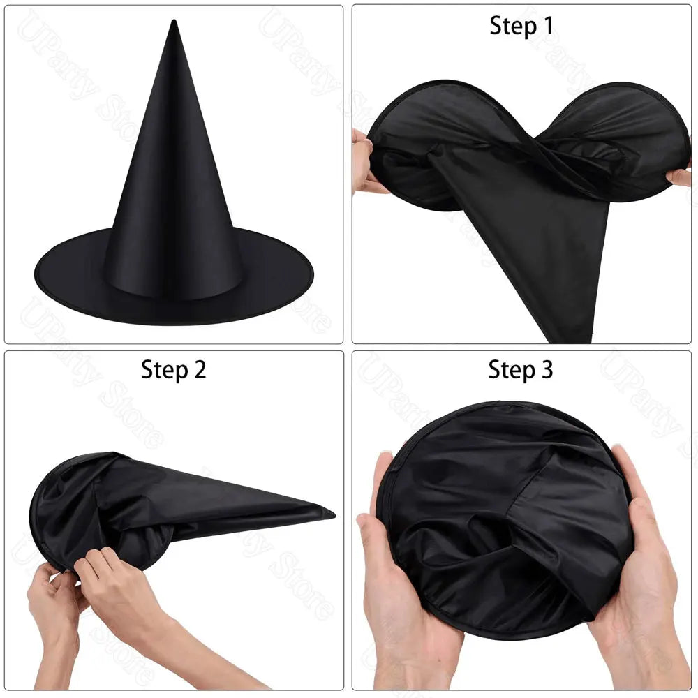 Step-by-step guide on how to fold a black satin headband into a witch hat.